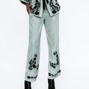 Zara Wide Leg Pants in Light Gray with Black Floral Design